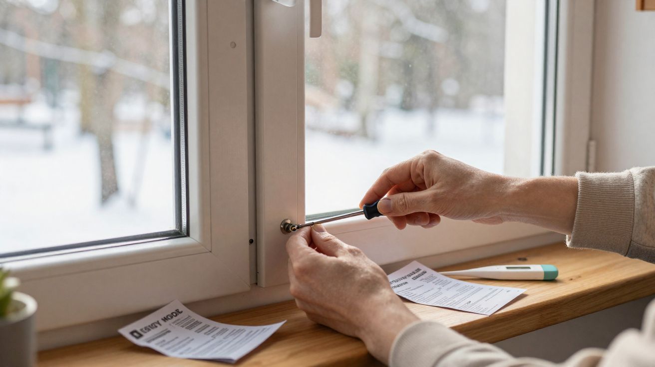 Mãos de uma pessoa instalando trava de segurança em janela branca com parafuso e carteira de vacinação ao lado.