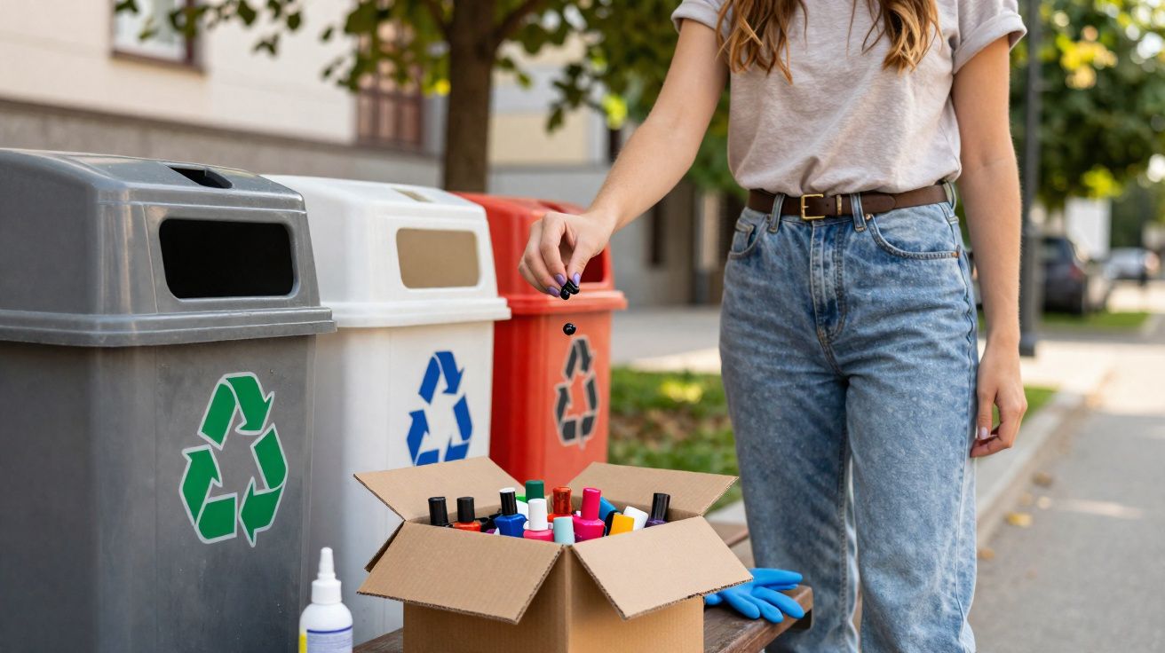 Pessoa descartando esmalte em lixeira seletiva ao lado de caixas com materiais recicláveis na rua.