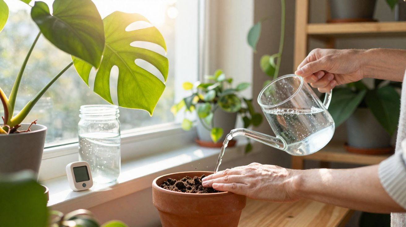 Pessoa regando vaso de planta com regador de vidro em ambiente iluminado por luz natural.