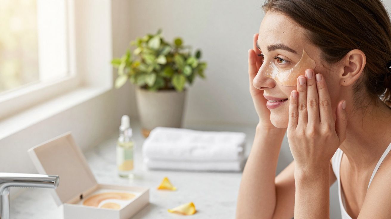 Mulher aplicando máscara facial sob os olhos em banheiro iluminado naturalmente.