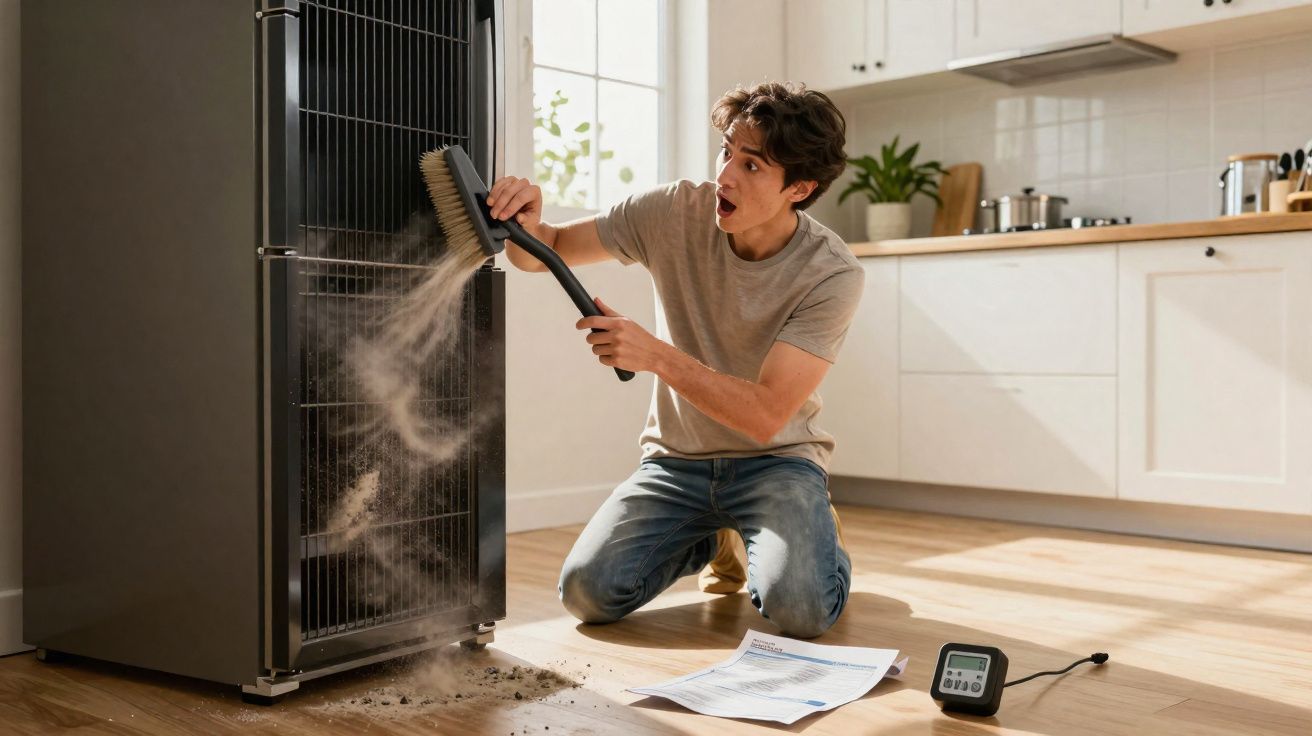 Jovem surpreso limpando a parte interna de uma geladeira preta em cozinha clara.