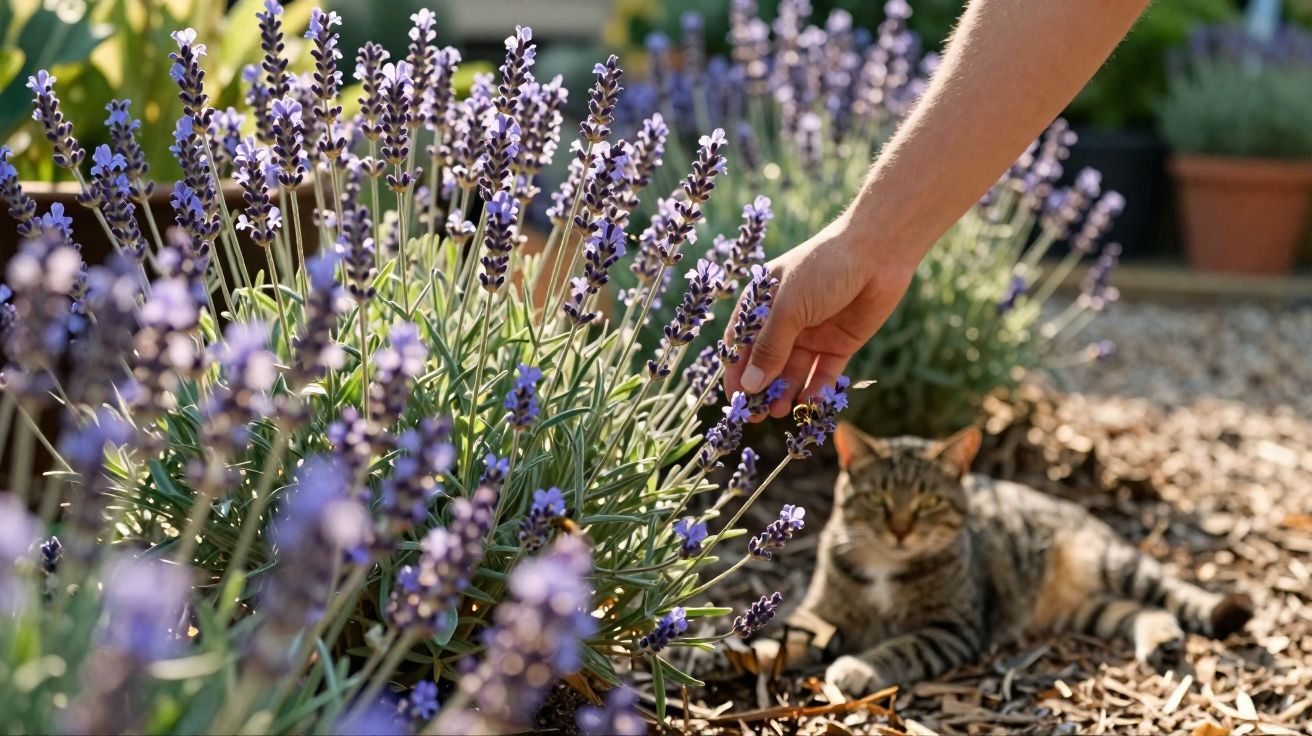 Mão humana tocando flor de lavanda em jardim com gato descansando no fundo.