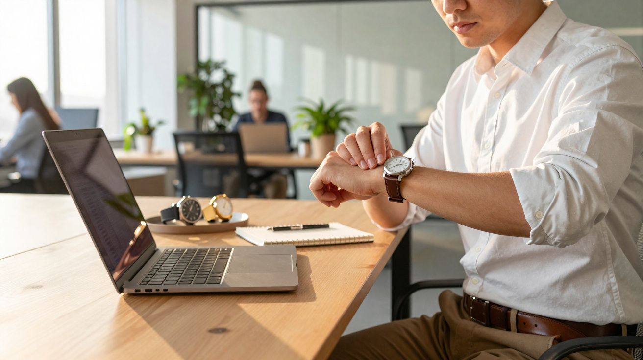 Pessoa em escritório olhando o relógio de pulso ao lado de laptop aberto e caderno sobre mesa de madeira.
