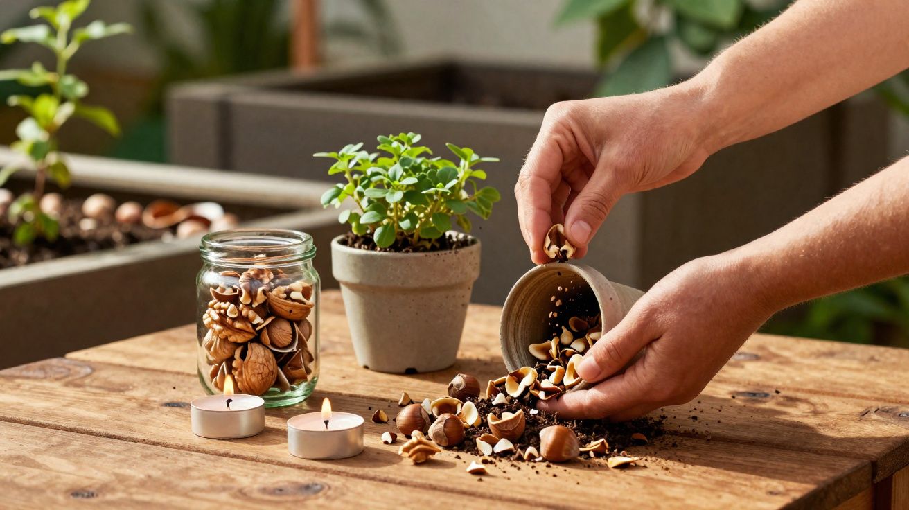 Mãos segurando vaso com terra e sementes, ao lado de pote com sementes, planta e velas acesas sobre mesa de madeira.
