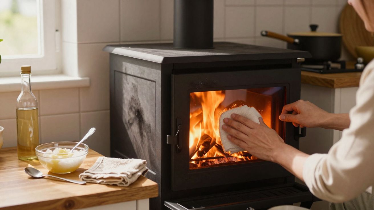 Pessoa limpando a porta de vidro de um fogão a lenha aceso em cozinha rústica.