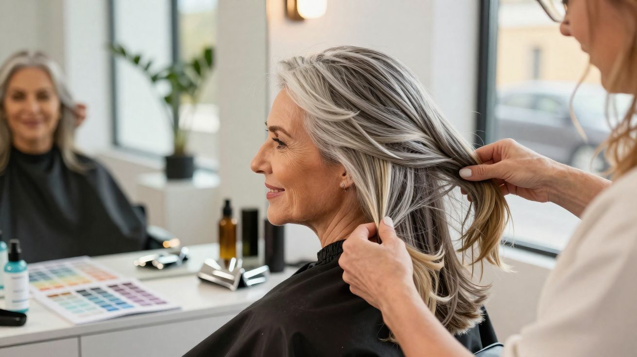 Mulher sorrindo recebendo penteado em salão, com cabelos grisalhos e espelho ao fundo.
