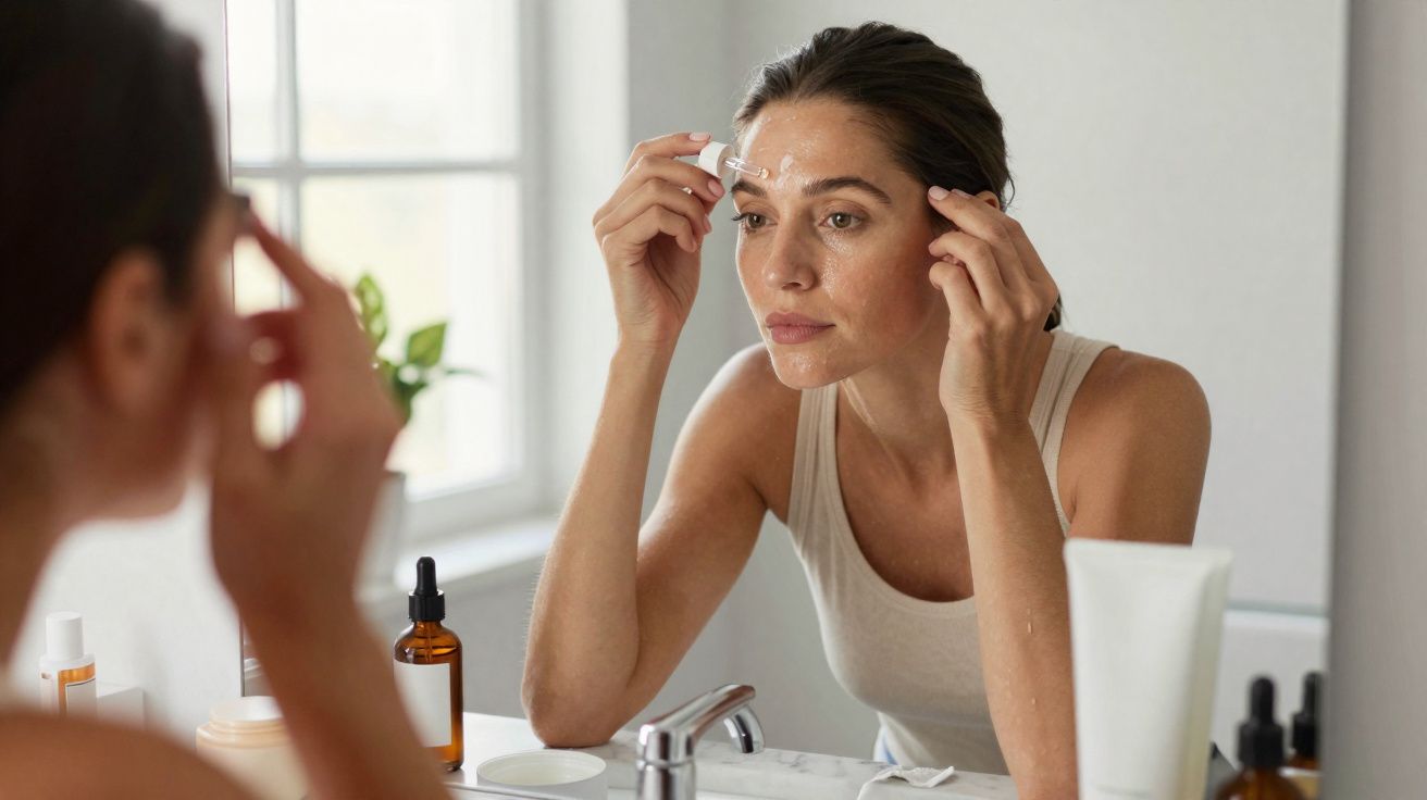 Mulher aplica sérum facial no rosto enquanto se olha no espelho do banheiro iluminado.