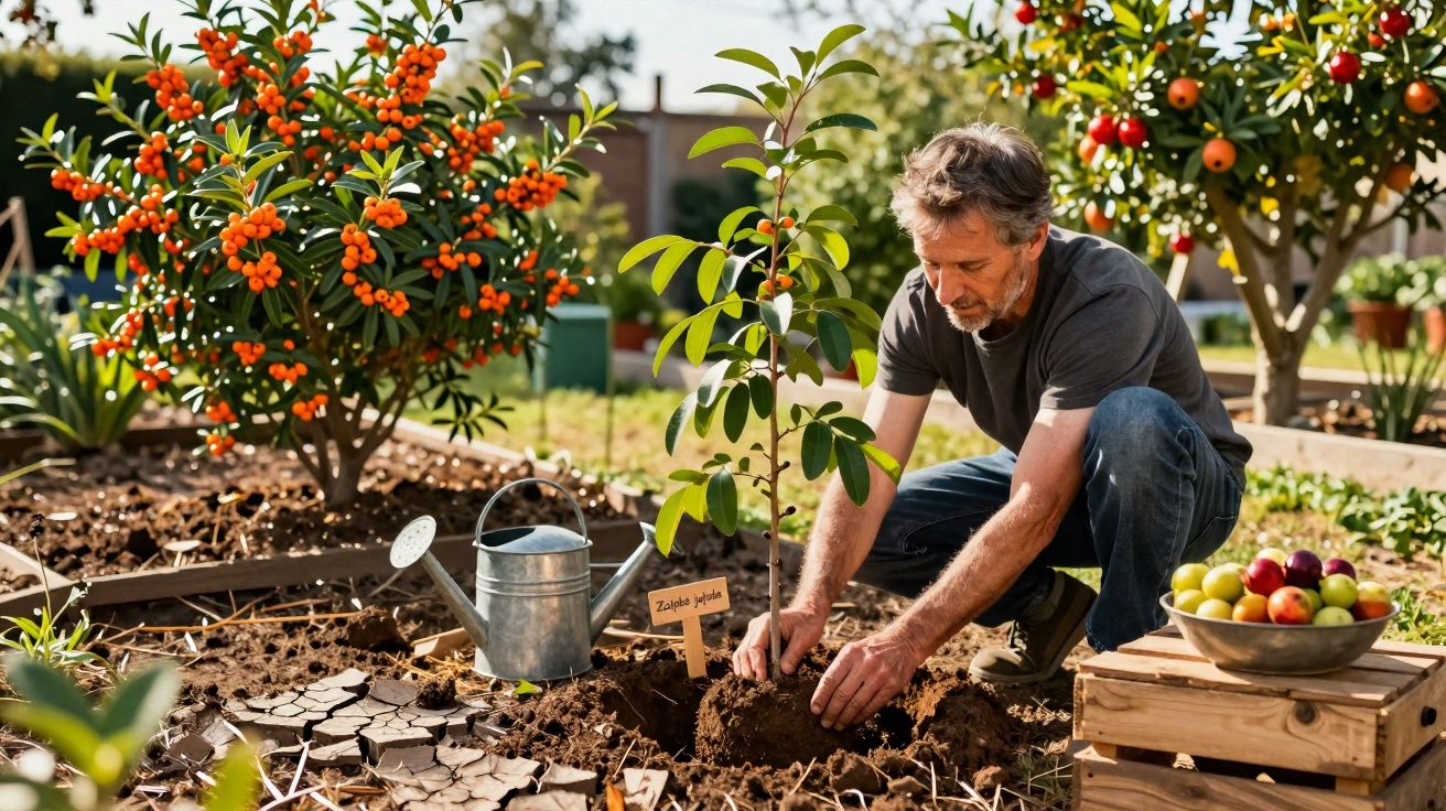 Homem plantando muda de árvore em horta com regador, frutas e plantas ao redor em dia ensolarado.