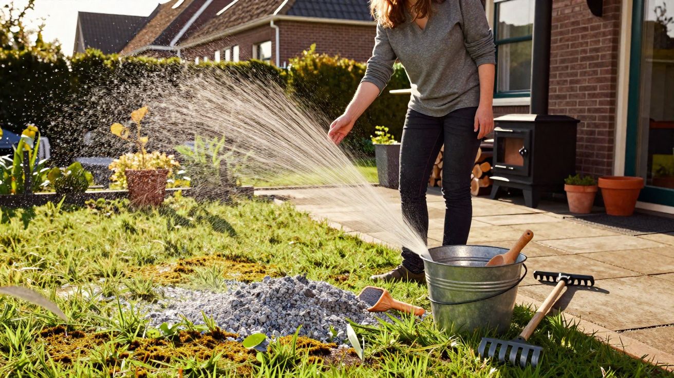Mulher regando plantas no jardim com regador metálico em dia ensolarado na varanda da casa.