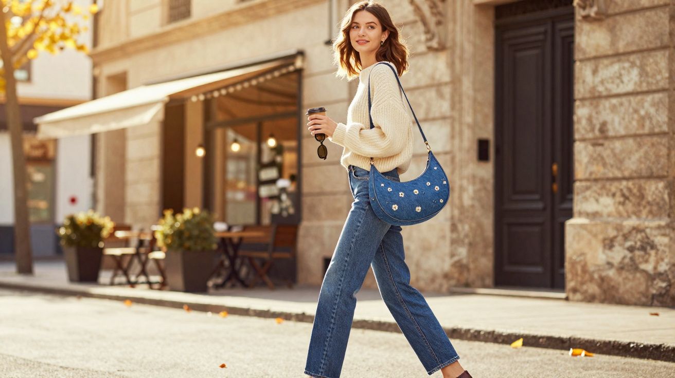 Mulher sorridente caminha na rua com suéter branco, jeans, bolsa azul e café para viagem na mão.