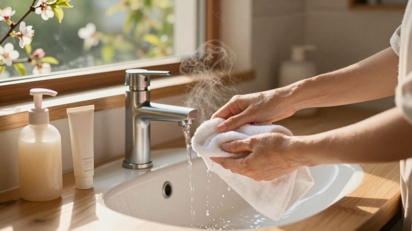Mãos secando toalha branca quente em pia com torneira aberta e vapor, com produtos de higiene ao lado.