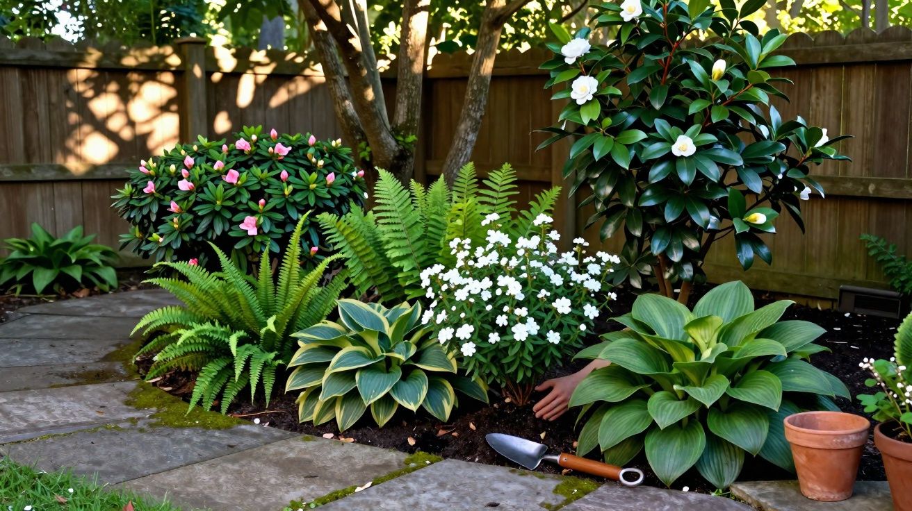 Jardim com diferentes plantas e flores ao lado de cercado de madeira, pessoa fazendo jardinagem.