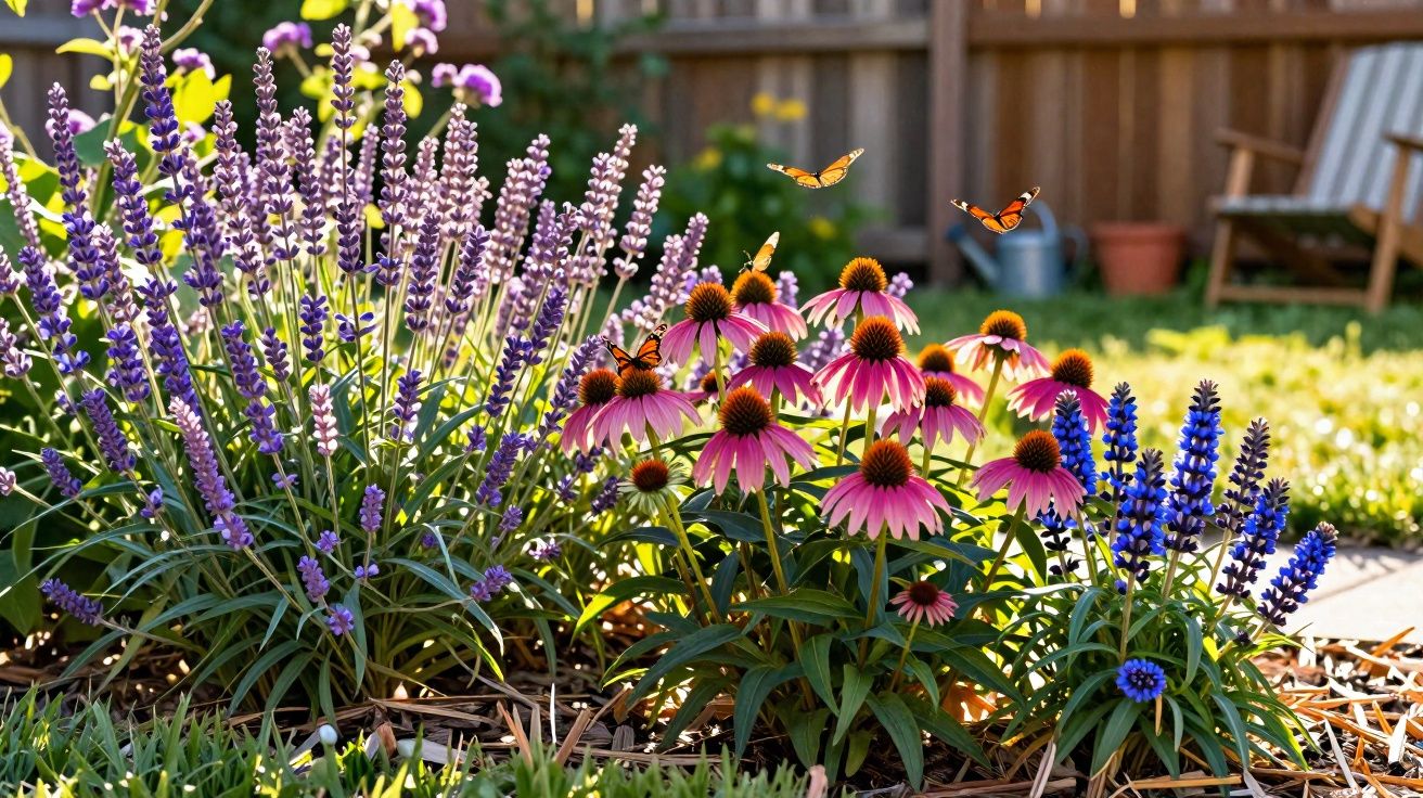 Borboletas voando sobre flores roxas e rosas em jardim ensolarado com cerca e cadeira ao fundo.