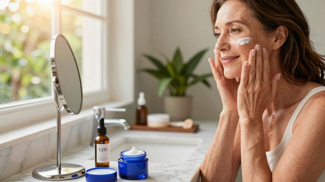 Mulher aplicando creme no rosto em banheiro iluminado com espelho e frascos de cosméticos no balcão.