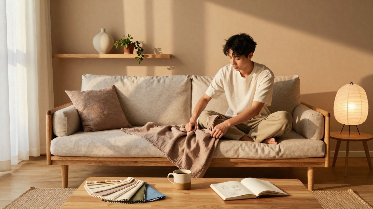 Jovem sentado no sofá arrumando um cobertor, ao lado mesa de madeira com livros e caneca.