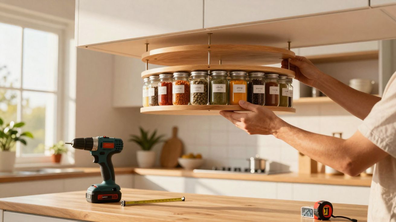 Potes de temperos com etiquetas organizados em porta temperos giratório sendo instalado em cozinha moderna.