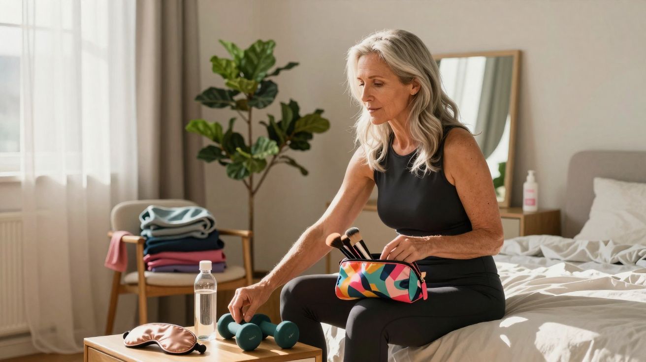 Mulher madura sentada na cama pegando halteres ao lado de nécessaire colorida com pincéis de maquiagem.