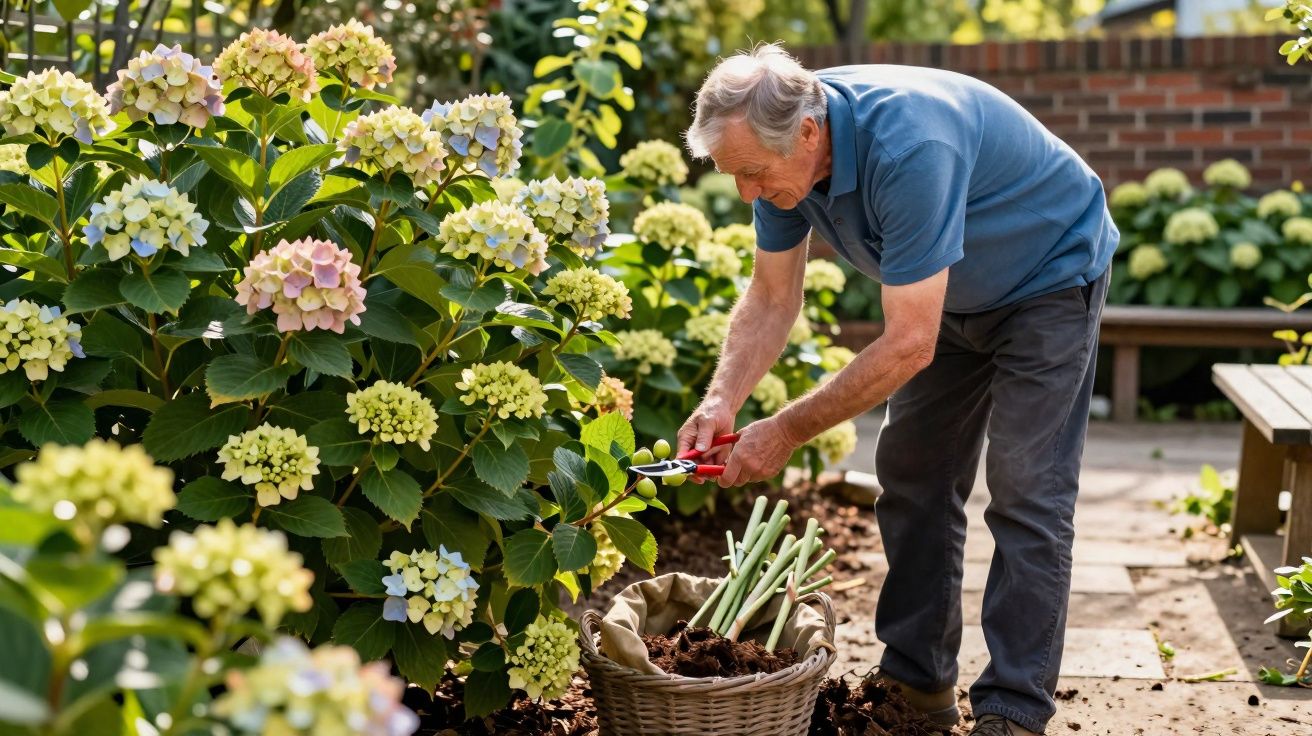 Idoso cuidando de hortênsias em jardim, cortando galhos com tesoura de poda ao lado de cesta.