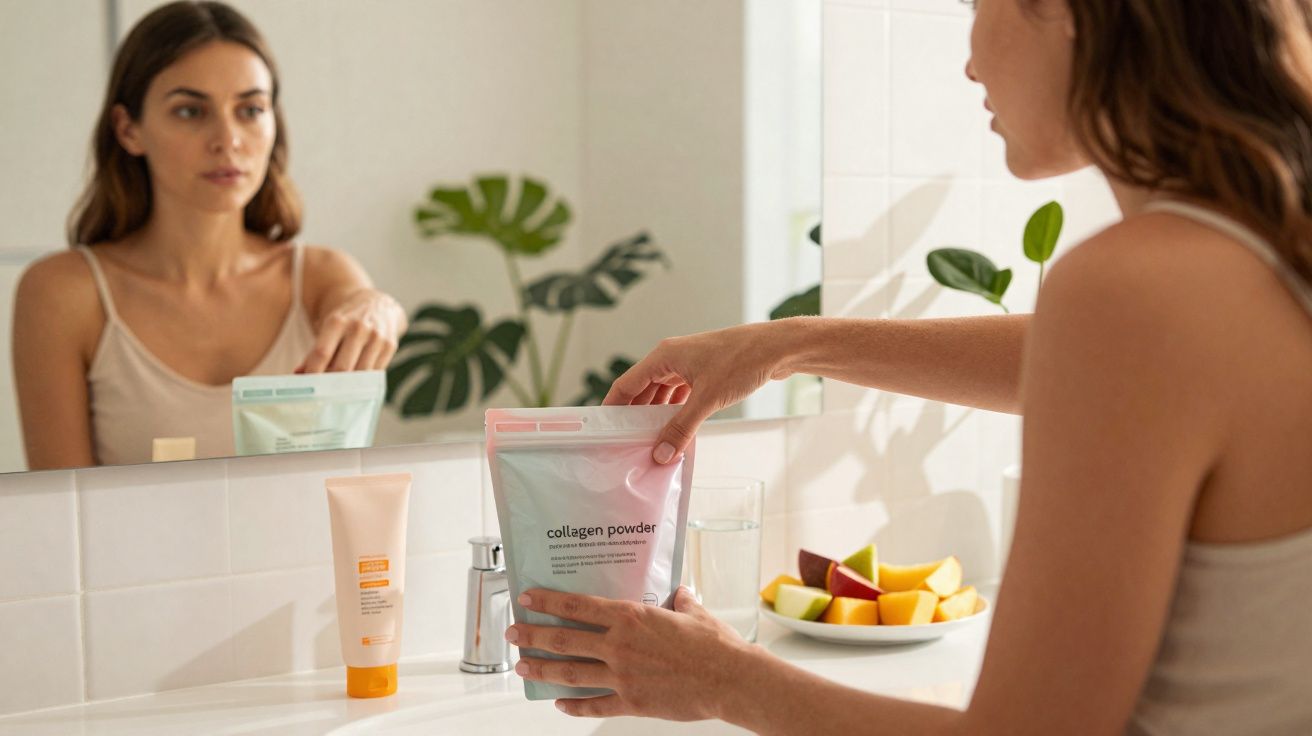Mulher em banheiro segurando embalagem de colágeno em pó, com frutas e produtos na bancada.