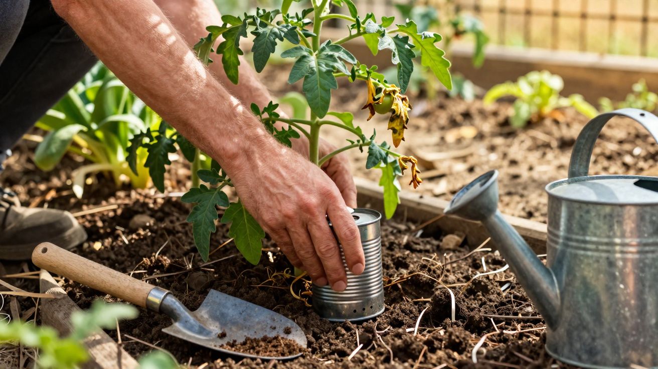 Mãos plantando muda de tomate em solo com regador e pá de jardim ao lado.
