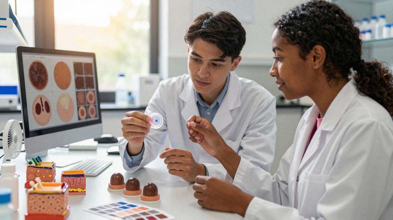 Dois pesquisadores em jalecos analisam amostras e imagens científicas em laboratório moderno.