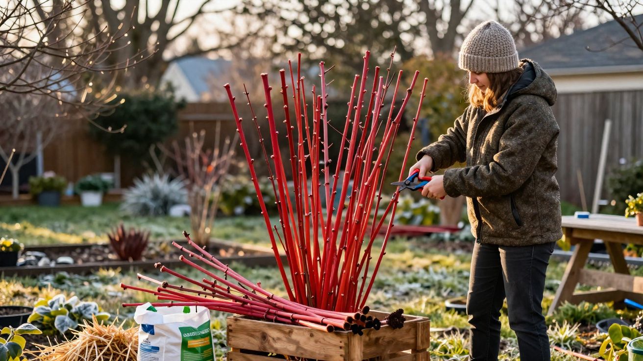 Pessoa jovem com gorro cinza podando galhos vermelhos em jardim ao ar livre durante o dia.