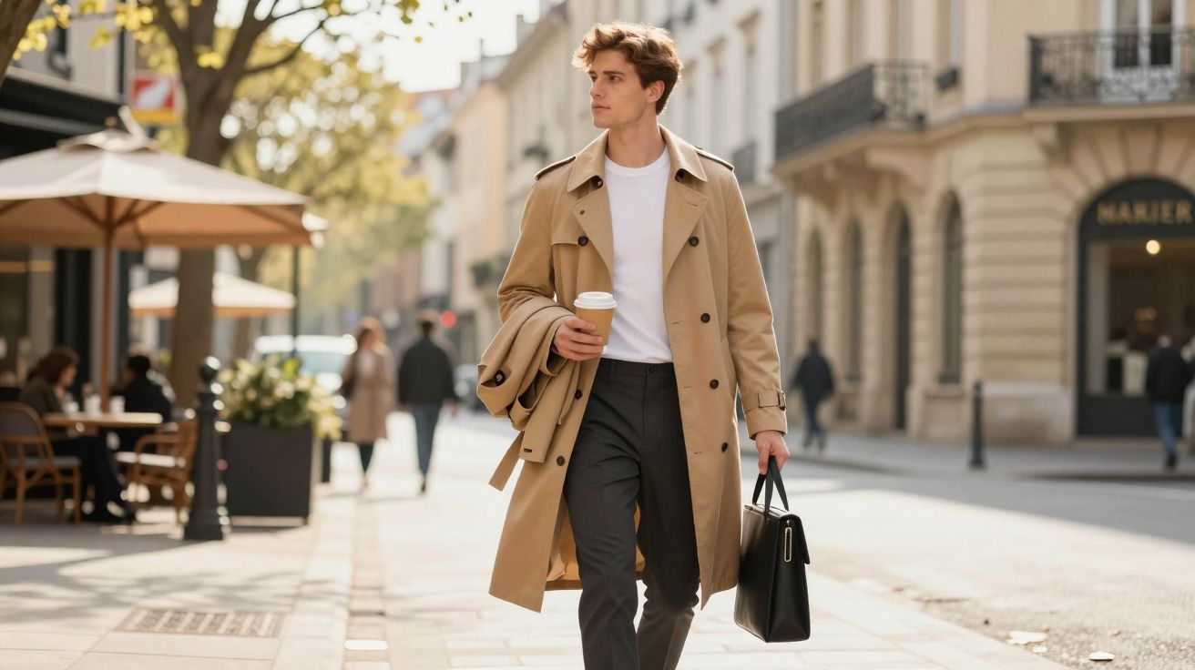 Homem usando sobretudo bege, caminhando na rua com café em uma mão e pasta na outra.