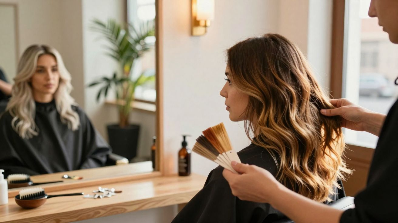Mulher no salão de beleza experimentando cores para tintura no cabelo com cabeleireiro.