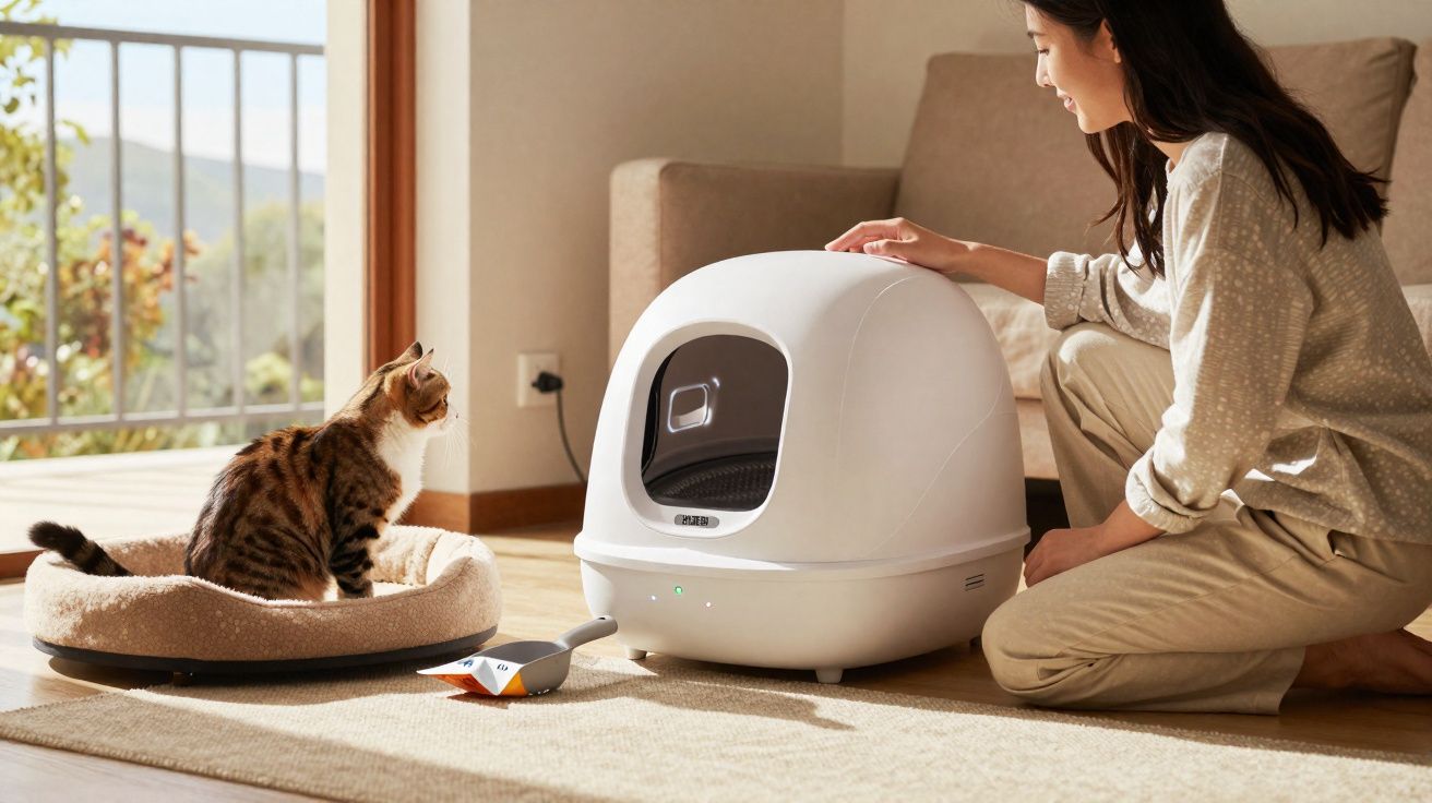 Mulher ajoelhada perto de gato e caixa de areia automática em sala iluminada por luz natural.