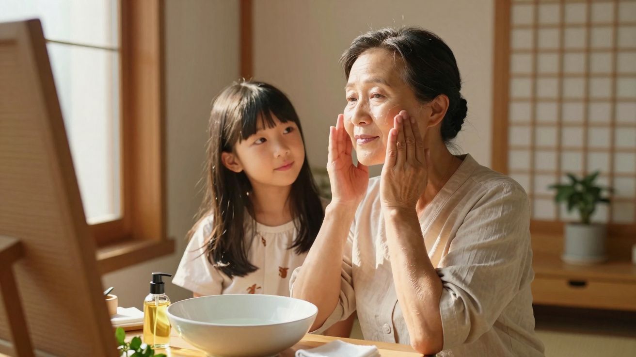 Mulher idosa aplicando creme no rosto com menina observando em ambiente iluminado e aconchegante.