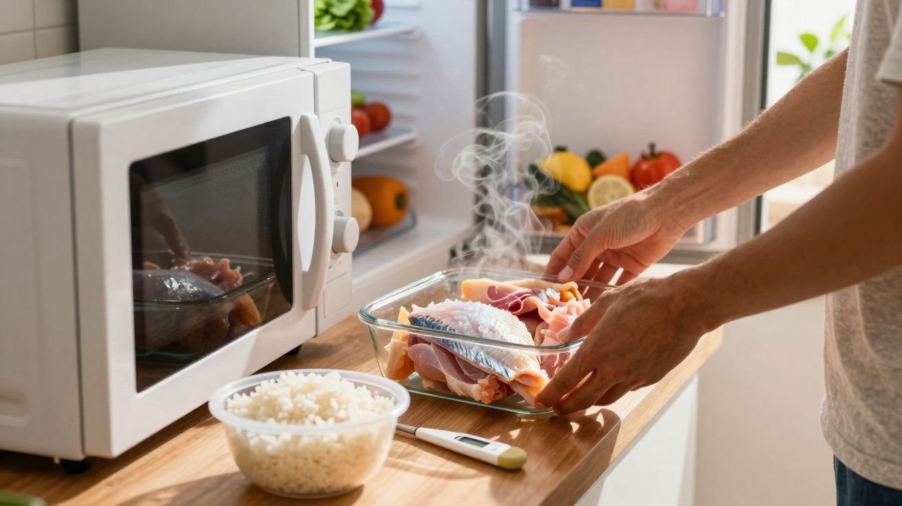 Pessoa retirando prato de vidro com comida quente de micro-ondas em cozinha iluminada e organizada.