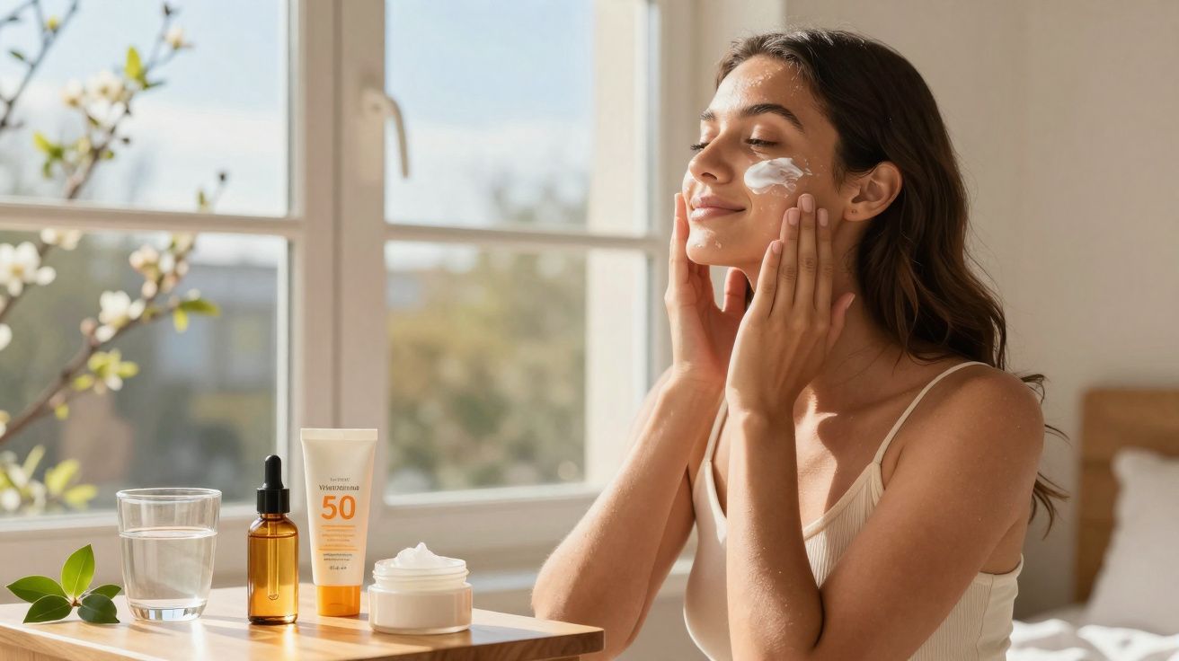 Mulher aplicando creme facial em ambiente iluminado, com frascos de produtos de skincare sobre a mesa.