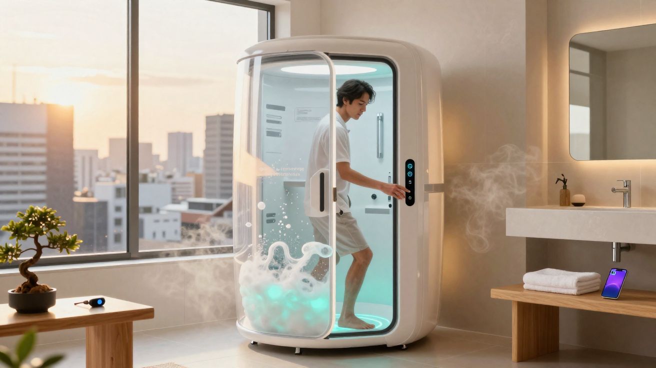 Homem interage com cabine de banho de vapor moderna em banheiro com vista urbana ao pôr do sol.