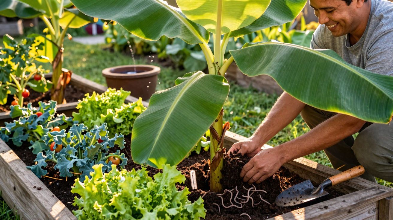 Homem plantando bananeira em horta com verduras e legumes em canteiro elevado de madeira.