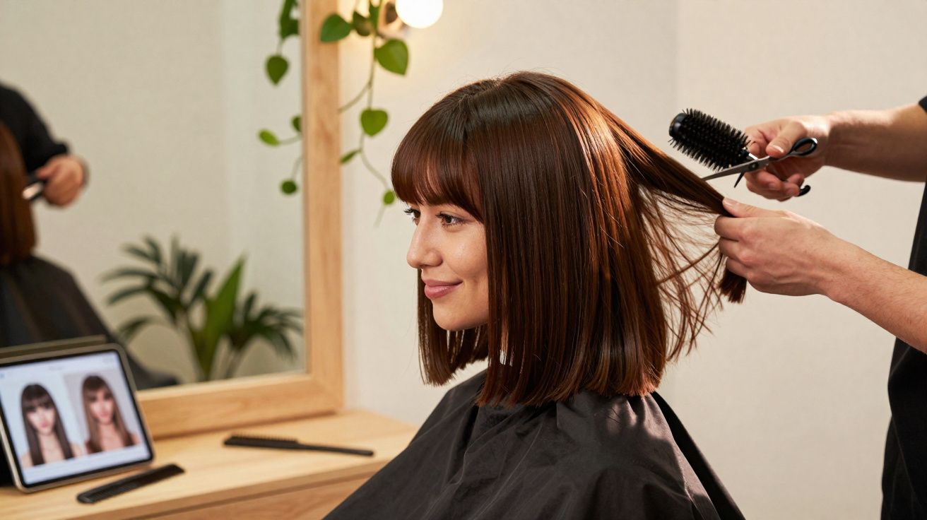 Mulher sorrindo recebendo corte e escova em salão de beleza, com fotos de cortes no tablet ao lado.