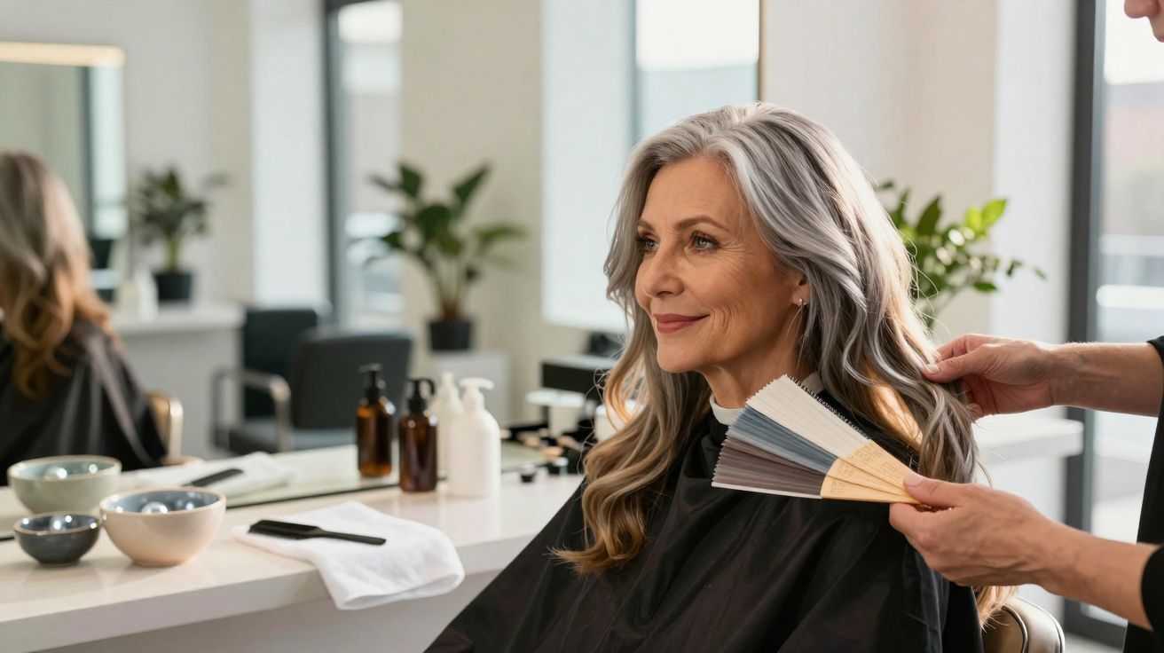 Mulher com cabelo grisalho sendo consultada sobre tom de coloração em salão de beleza moderno.
