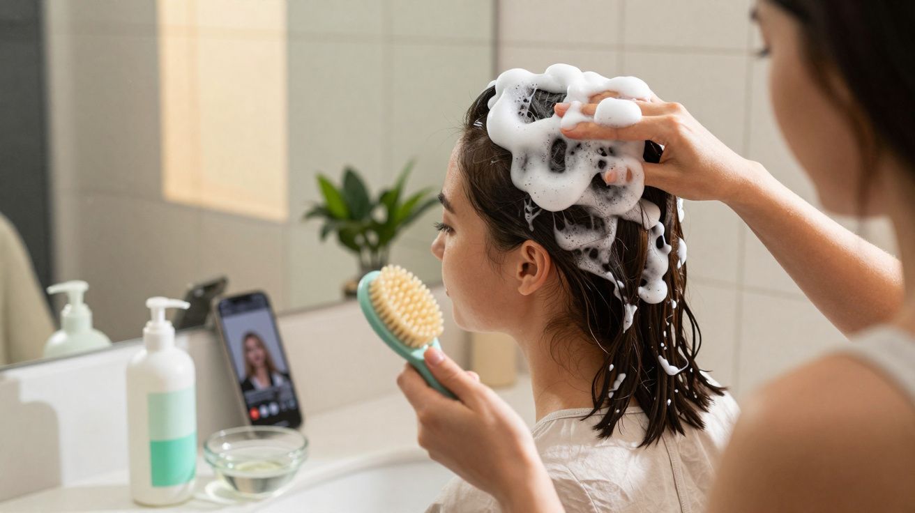 Pessoa aplicando shampoo no cabelo de criança enquanto assistem vídeo no celular no banheiro.