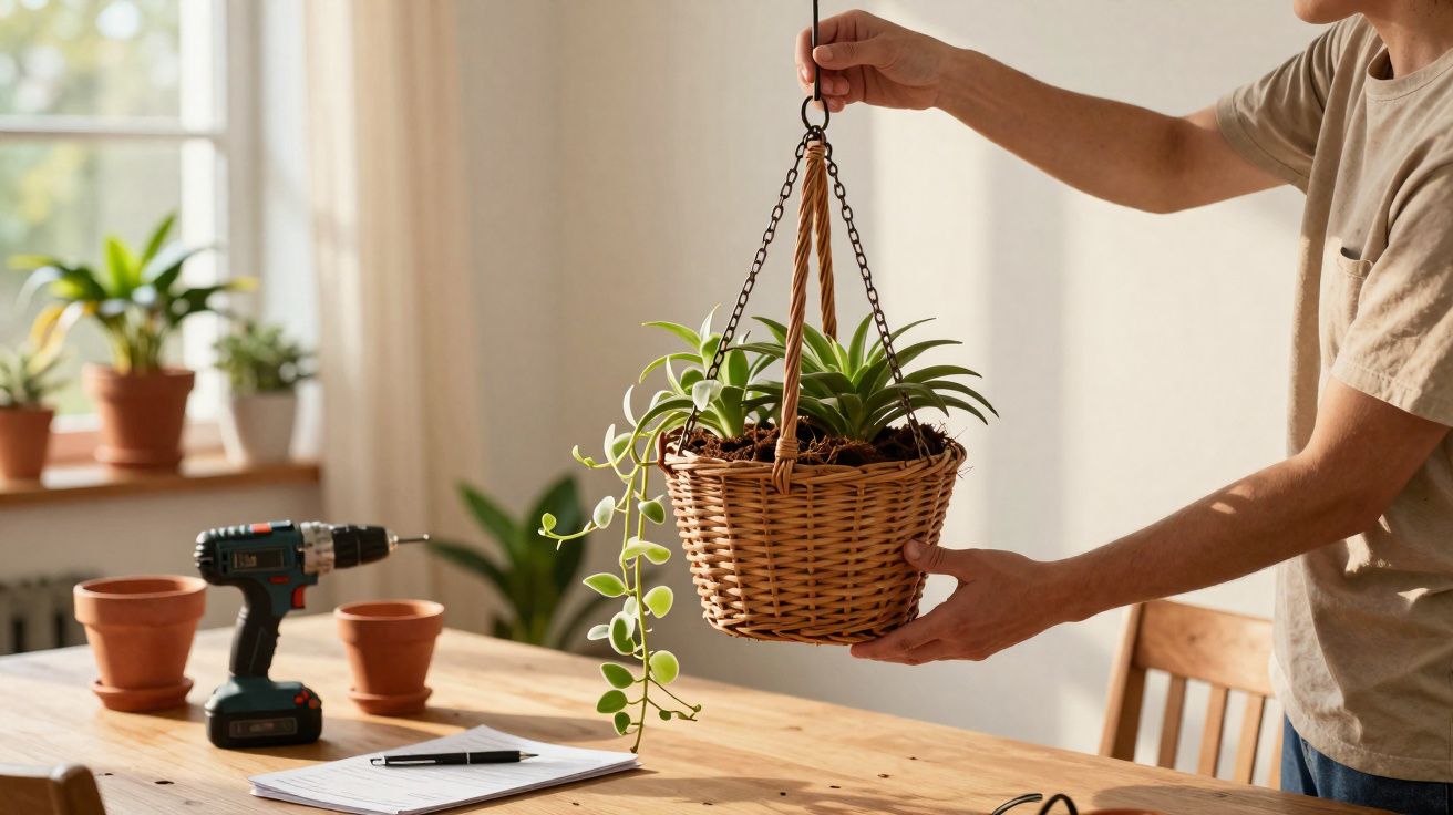 Pessoa segurando vaso de planta suspenso de palha em ambiente interno com mesa de madeira e ferramentas.