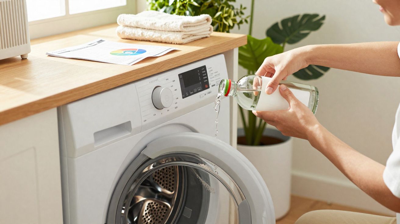 Pessoa despejando vinagre em lava-roupas branca com porta aberta em lavanderia iluminada e plantas ao fundo.