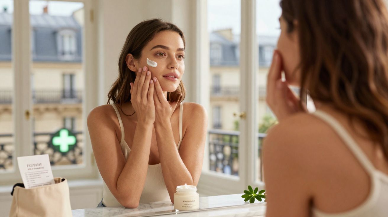 Mulher aplicando creme facial no rosto em frente ao espelho em ambiente com janelas grandes.