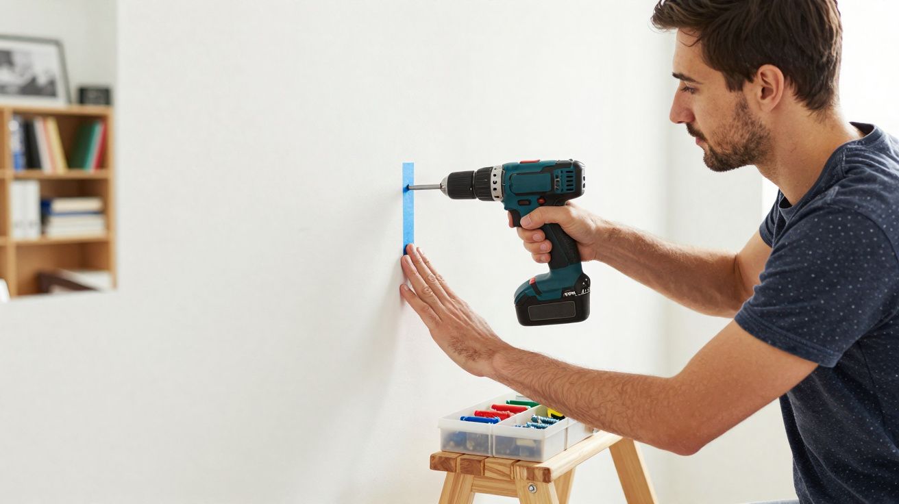 Homem usando furadeira para parafusar fita azul na parede branca em ambiente interno.