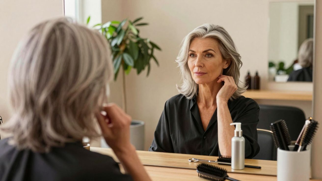 Mulher madura com cabelo grisalho olhando para o espelho, sentada em penteadeira com produtos e escovas.