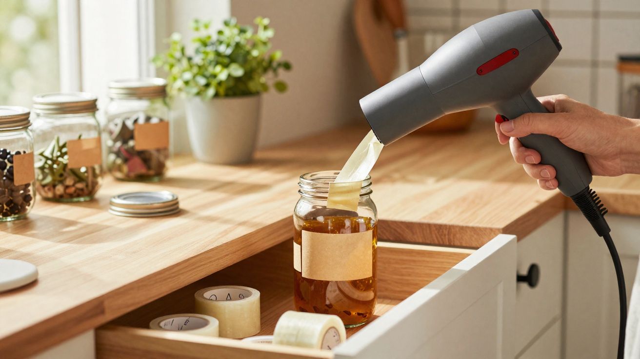 Pessoa usando um secador de cabelo para aquecer mel em pote de vidro em cozinha iluminada.