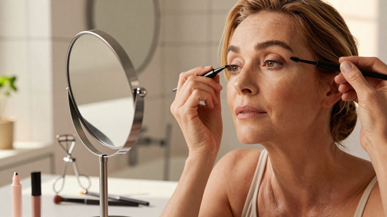 Mulher aplicando rímel nos cílios diante de espelho em bancada com produtos de maquiagem.