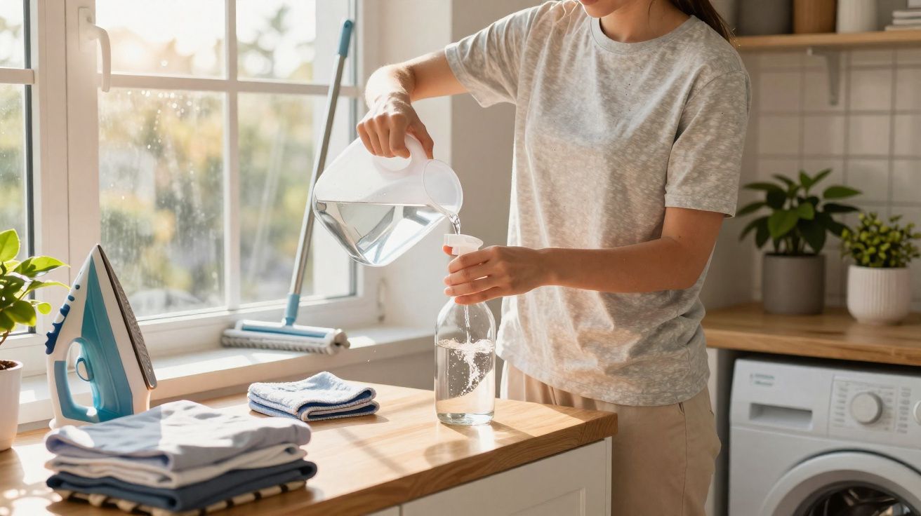 Pessoa despejando água em borrifador em embalagens plásticas ao lado de ferro e roupas dobradas na bancada da lavanderia.