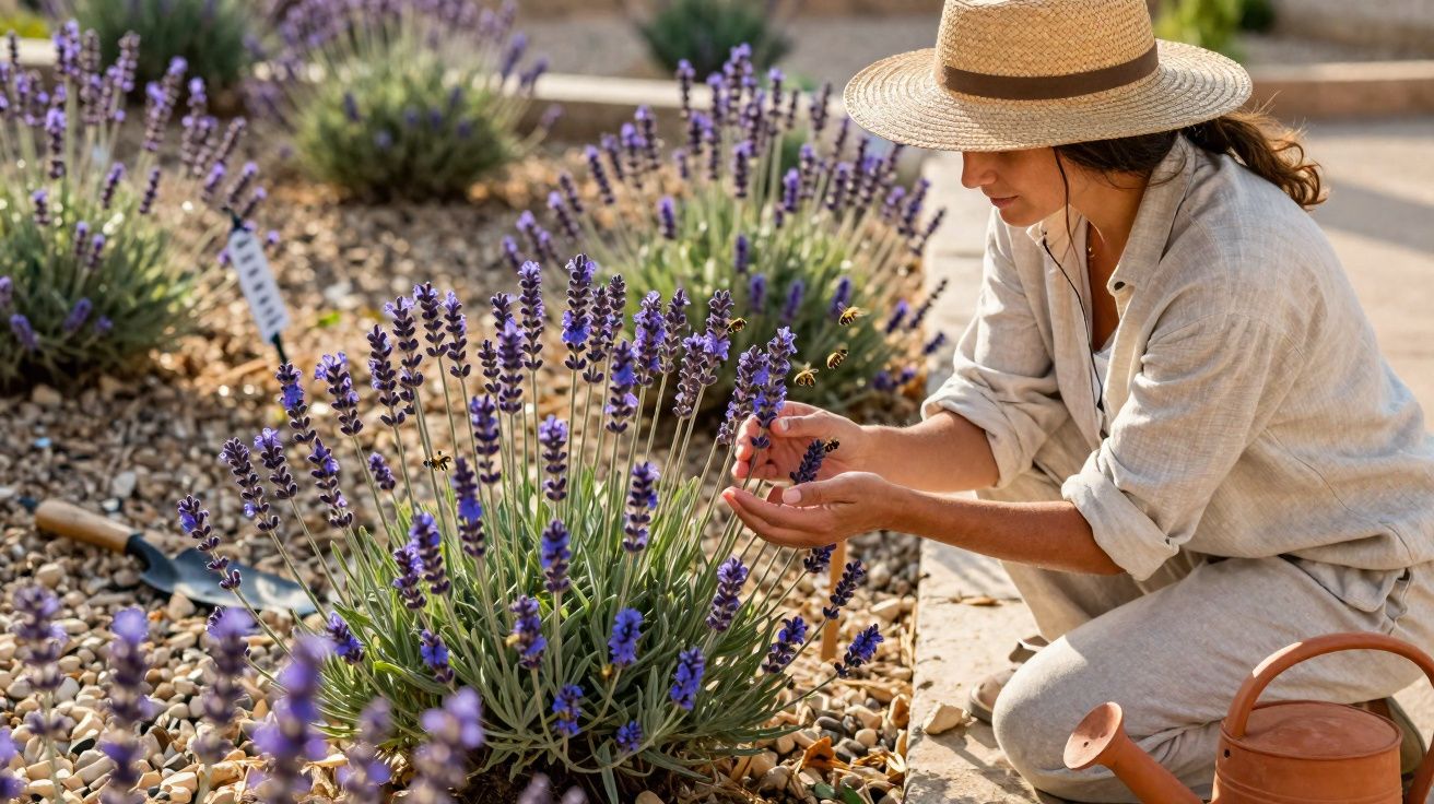 Mulher usando chapéu cuida de planta de lavanda em jardim com regador ao lado em dia ensolarado.