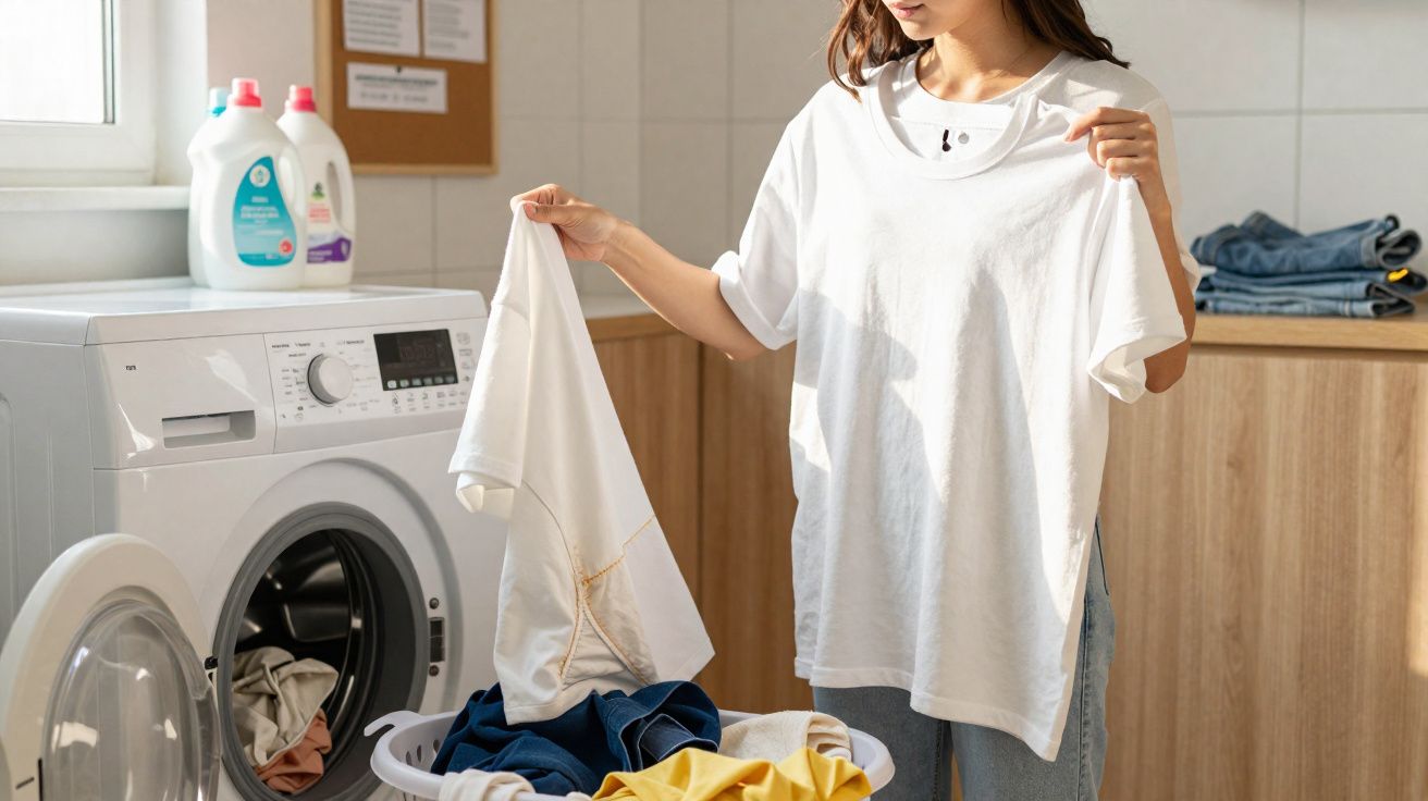 Mulher separando roupas brancas para lavar em lavanderia com máquina e produtos de limpeza ao fundo.