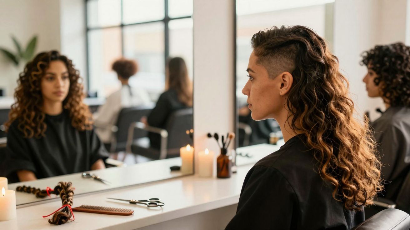 Mulher com corte undercut encarando o espelho em salão de beleza com tesoura e cabelo cortado na mesa.