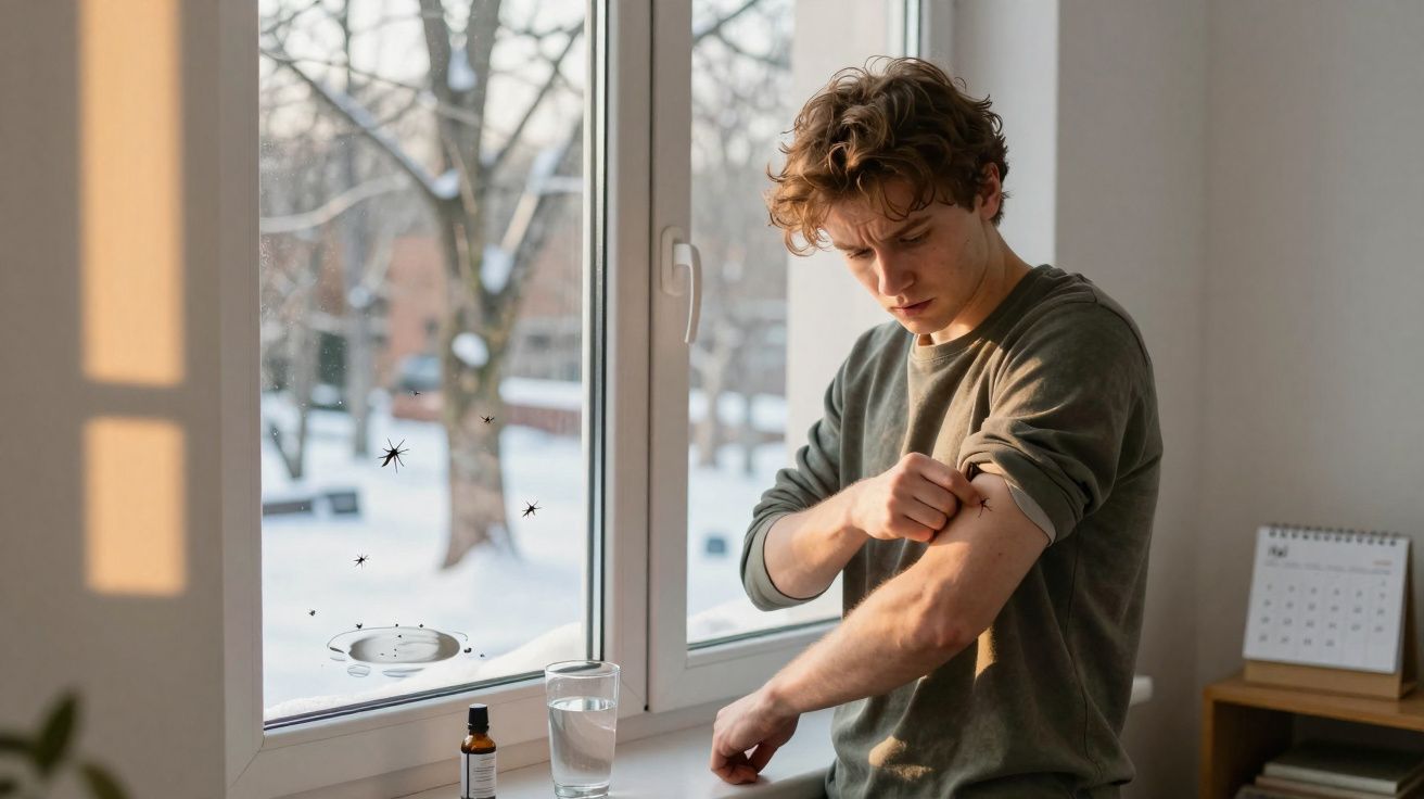 Jovem aplicando injeção no braço dentro de casa, próximo à janela com vista de inverno congelante.