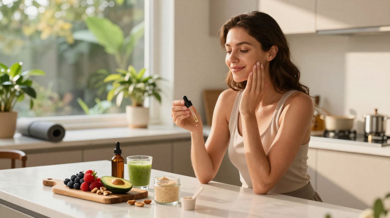 Mulher aplica sérum facial sentada na cozinha moderna com frutas e suco natural na bancada.